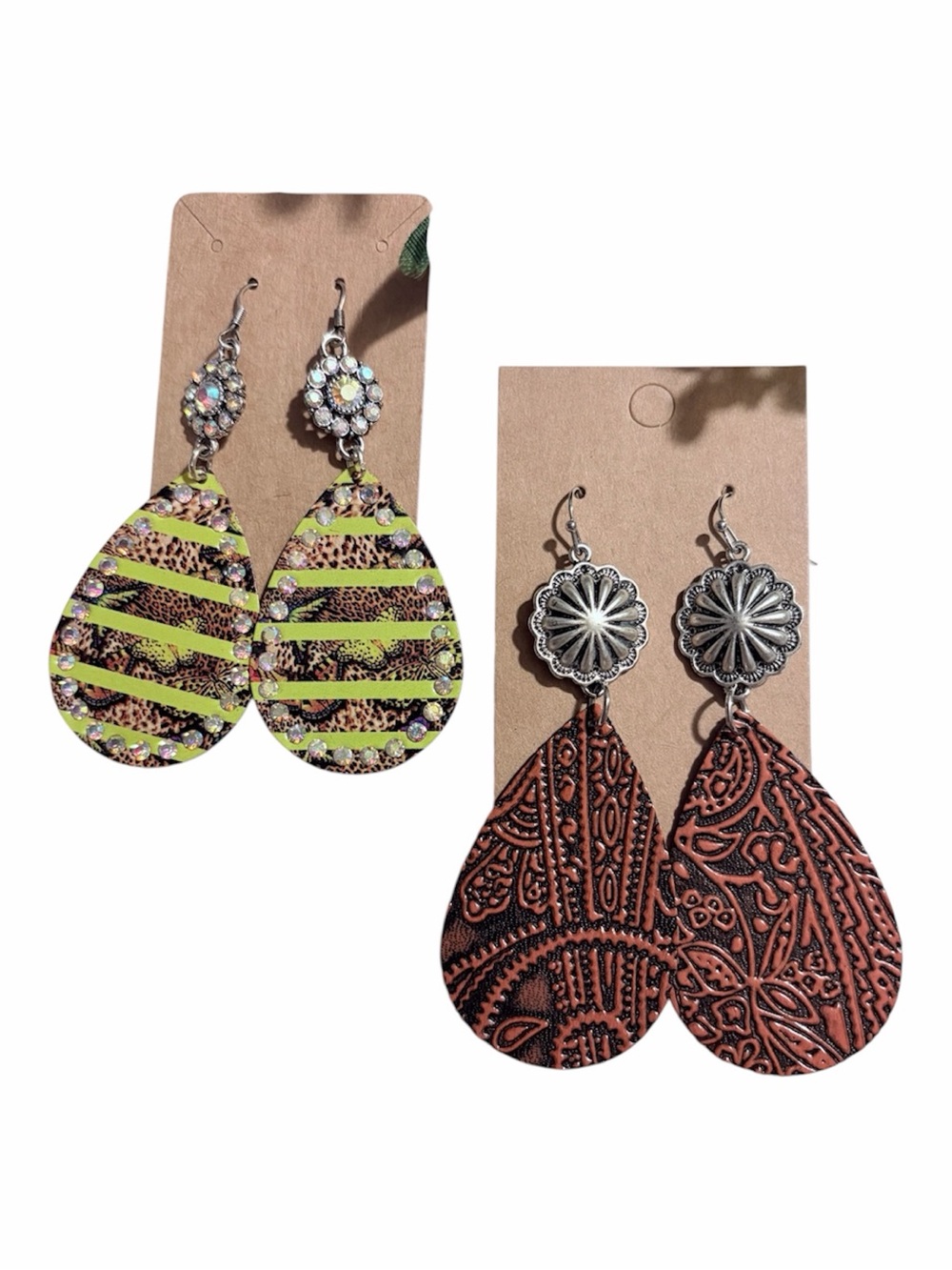 Boho Western Teardrop TooleLeather Earrings - Yellow Green -Ariol Jewelry